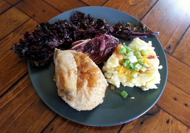 Grilled kale, grilled raddichio and mashed potatoes