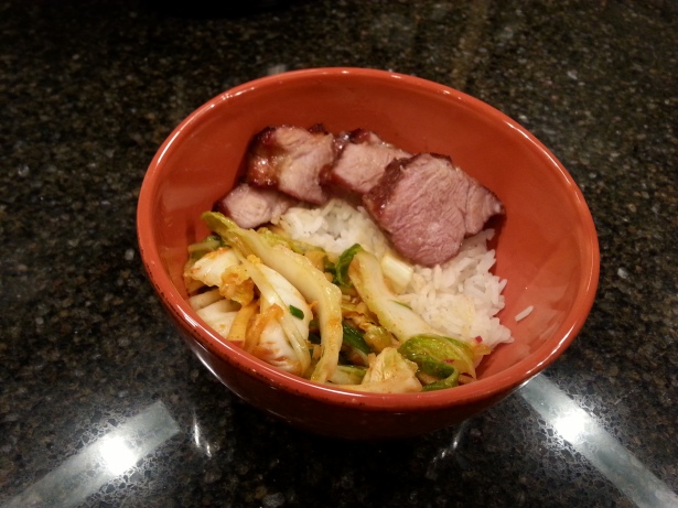 Kimchi salad with char siu and jasmine rice